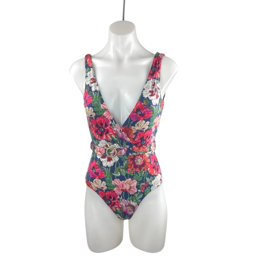 Onia Michelle Floral VNeck Sleeveless One Piece Belted Tank Swimsuit Swimwear XS
